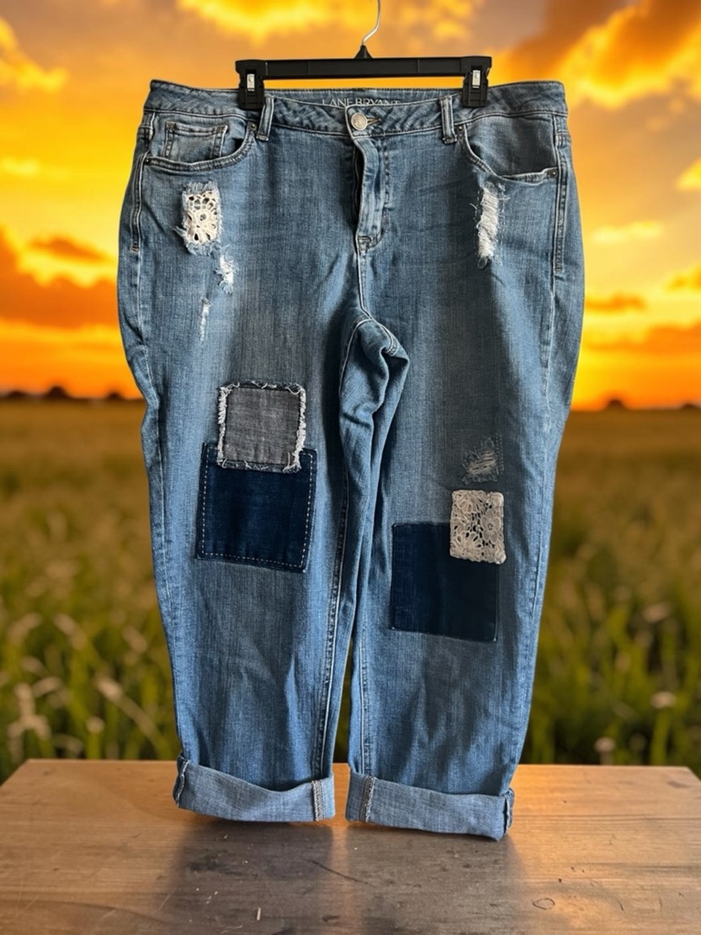 Lane Bryant Blue Patchwork Lace-Accent Boyfriend Jeans